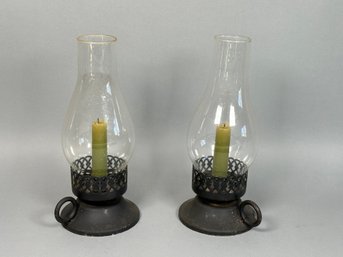 Pair Of Metal Candle Impressions With Glass Chimney Shades