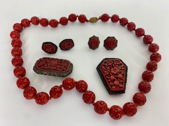 Vintage Chinese Cinnabar Necklace And Earrings