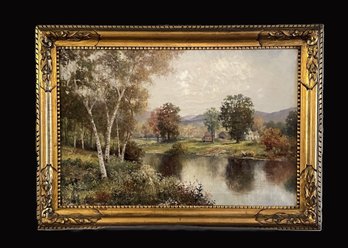 Listed Artist M. Lowell Large Landscape Oil Painting On Canvas In Gilt Frame