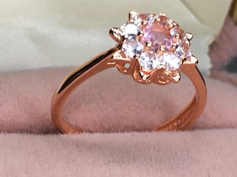 925 / Sterling Silver With 14K Rose Gold Overlay Ring With White Topaz & Pink Tourmaline - Very Pretty !