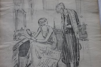 1920s Original Pencil Art  Cartoon Magazine Illustration 8 - Girl With Vanity  - LARGE 23 Inches