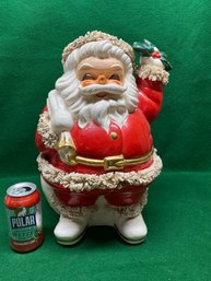 Vintage 1950s Santa Claus Ceramic Coin Bank With Spaghetti Trim. Stands 17' Tall.