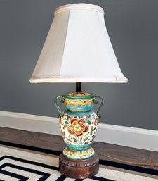 A 19th Century Majolica Vase Mounted On Carved Wood Base, Fitted For Electricity