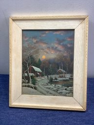 Framed Signed Winter Scene Cabins In The Woods