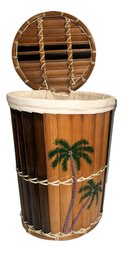 Decorative Bamboo And Fabric - Lined Storage Bin With Tropical Print Of Palm Trees