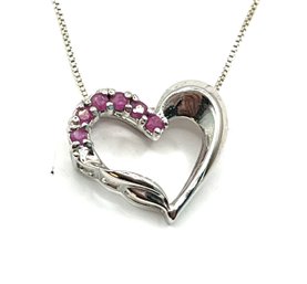 Vintage Italian Sterling Silver Chain With Pink Stones Heart Pendant