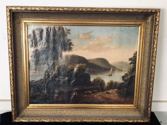 Framed Antique Oil Hudson River Painting With Figures And Sailboat