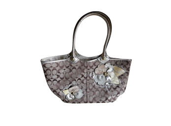 Coach Silver Metallic Handbag With Leather Flower Applique