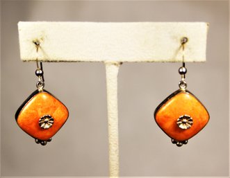 Pair Fine Contemporary Sterling Silver Pierced Earrings Orange Stones