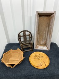 Handmade Wood Collection: Flower Planter Box, Rustic Branch Chair, Popsicle Stick Bowl, Engraved Carved Plate