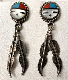 ZUNI NATIVE AMERICAN STERLING SILVER SUN FACE FEATHER DANGLE EARRINGS