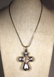 Vintage Silver Tone Puffy Cross Pendant Chain Necklace