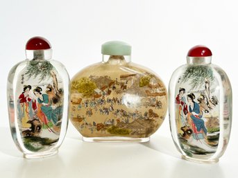 A Trio Of Antique Reverse Glass Painted Chinese Snuff Bottles - Rare And Fabulous!