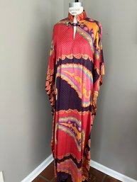 Colorful Vintage Long Kaftan With Frog Closure - High Neck, Size Medium