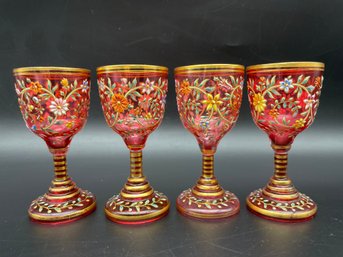 Four Vintage Hand Decorated Bohemian Short Stem Glasses.  3.5' Tall