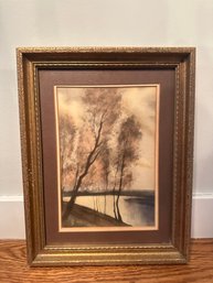 Wall Hanging, Painting Fall River Lake In Gold Wooden Frame