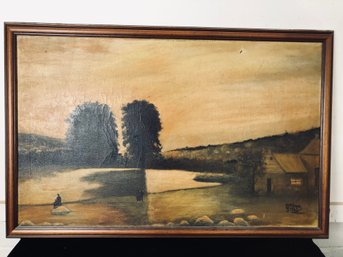 Original Framed Vintage Painting House By Lake