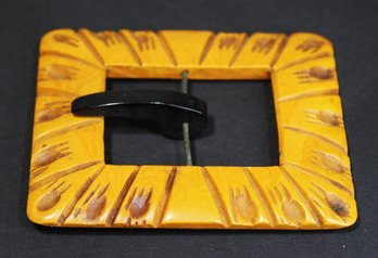Larger Butterscotch And Black Vintage Bakelite Carved Belt Buckle