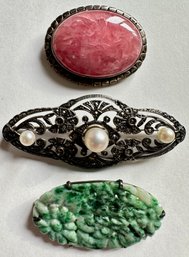 3 Vintage Sterling Silver Brooch Pins: Pink Stone, Filigree With Pearls & Carved Jadeite
