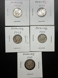 5 Mercury Dimes 1941, 1942, 1943, 1944, 1945