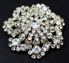 Large White Vintage Rhinestone Circular Brooch 2 1/2'q