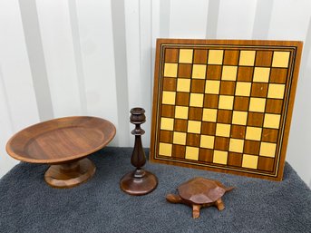 Wood Collection: Vermillion Walnut Pedestal Bowl, Chess/checker Board, Candlestick, Turtle Trink Box