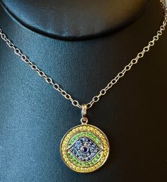 SIGNED CID STERLING SILVER BLUE SAPPHIRE AND CITRINE EVIL EYE NECKLACE