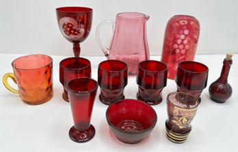 Vintage Cranberry Glass Cups, Wine Glass, Pitcher & Lamp Shade (11 Pieces)