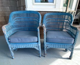 Pair Of Antique Blue Painted Rattan Chairs
