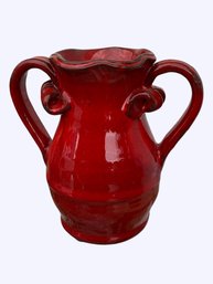 Beautiful Red Pottery  Vase With Two Handles & Ruffle Rim