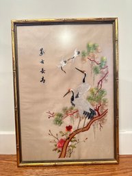 Antique Chinese Silk Embroidered Thread Art Birds On Branch&flying,flowers Leaves In Multicolor.