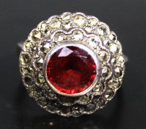 Vintage Sterling Silver Ladies Ring Red Stone Marcasites Art Deco Era