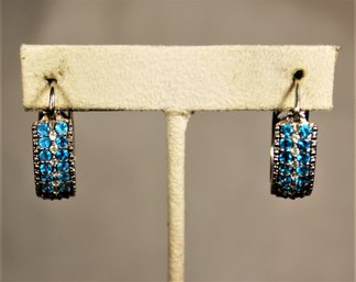 Fine Pair Sterling Silver Hoop Pierced Earrings Blue And White Stones