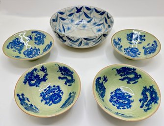 4 Vintage Chinese Pottery Dragon Bowls In 2 Different Sizes & Japanese Floral Bowl, Signed