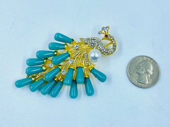 Gold Tone And Faux Turquoise Bead W/ Faux Pearl Peacock Brooch