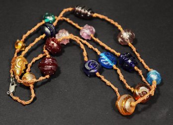 Very Interesting Sterling Silver Clasp, Woven Cord And Art Glass Beaded Necklace Vintage