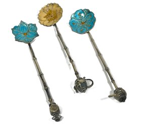 Three Antique Sterling Silver Chinese Enamel Spoons Figural Ends