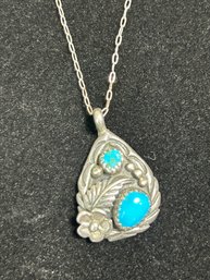 Sterling And Turquoise Pendant And Chain ***signed***