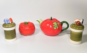 Quirky Ed Langbein Original Tomato Bowl, Tomato Teapot Marked 3149 & Pair Of Salt & Pepper Shakers