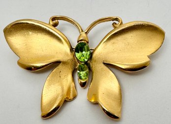 SIGNED NAPIER GOLD TONE GREEN RHINESTONE BUTTERFLY BROOCH