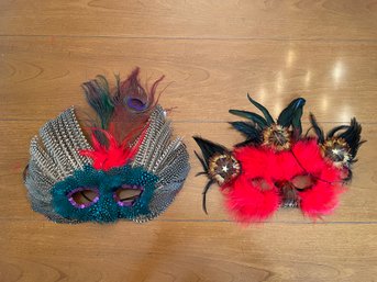 Two Vintage Feather Masquerade Masks