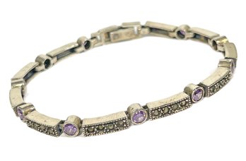 Sterling Silver Genuine Amethyst And Marcasite Link Bracelet Marked 925