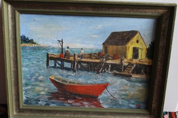 Original Oil Painting On Board Maine Fishermen On Pier