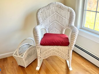Vintage White Wicker Rocking Chair And Magazine Basket