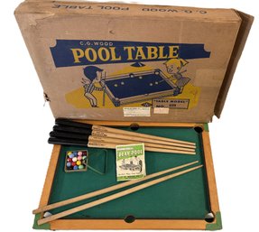 Oct. 1960 Vintage CWG Felt/ Metal Tabletop Pool Table- From Sweden W/4 HoopX Cue Sticks, Balls Frame, More