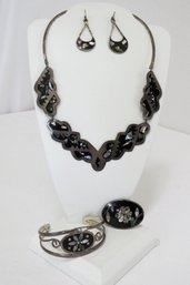 4 Pieces Of Onyx And Alpaca Mexican Silver Jewelry Inlaid With Abalone