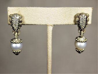 Fine Pair Of Signed Judith Ripka Sterling Silver Pearl And White Stone Pierced Earrings