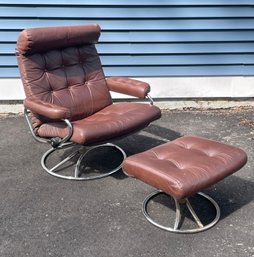 Mid Century Modern Ekornes Chrome And Leather Stressless Chair And Ottoman