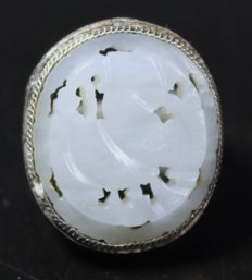 Antique Carved White Jade Chinese Sterling Silver Filigree Ring