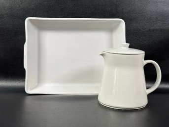 A Modern Teapot & Oblong Casserole In White Ceramic